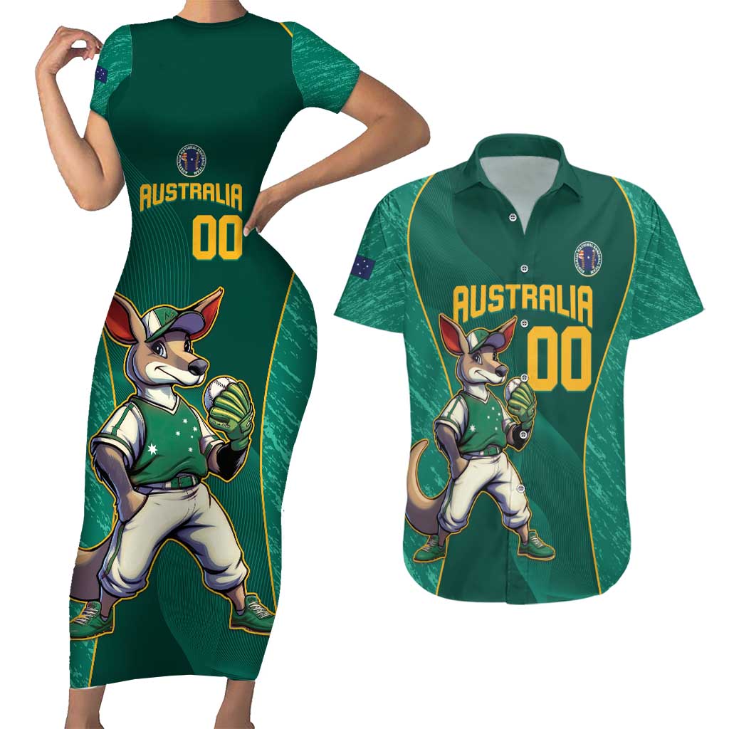 Custom Baseball Australia Couples Matching Short Sleeve Bodycon Dress and Hawaiian Shirt Go Champions - Aussie Kangaroo Mascot