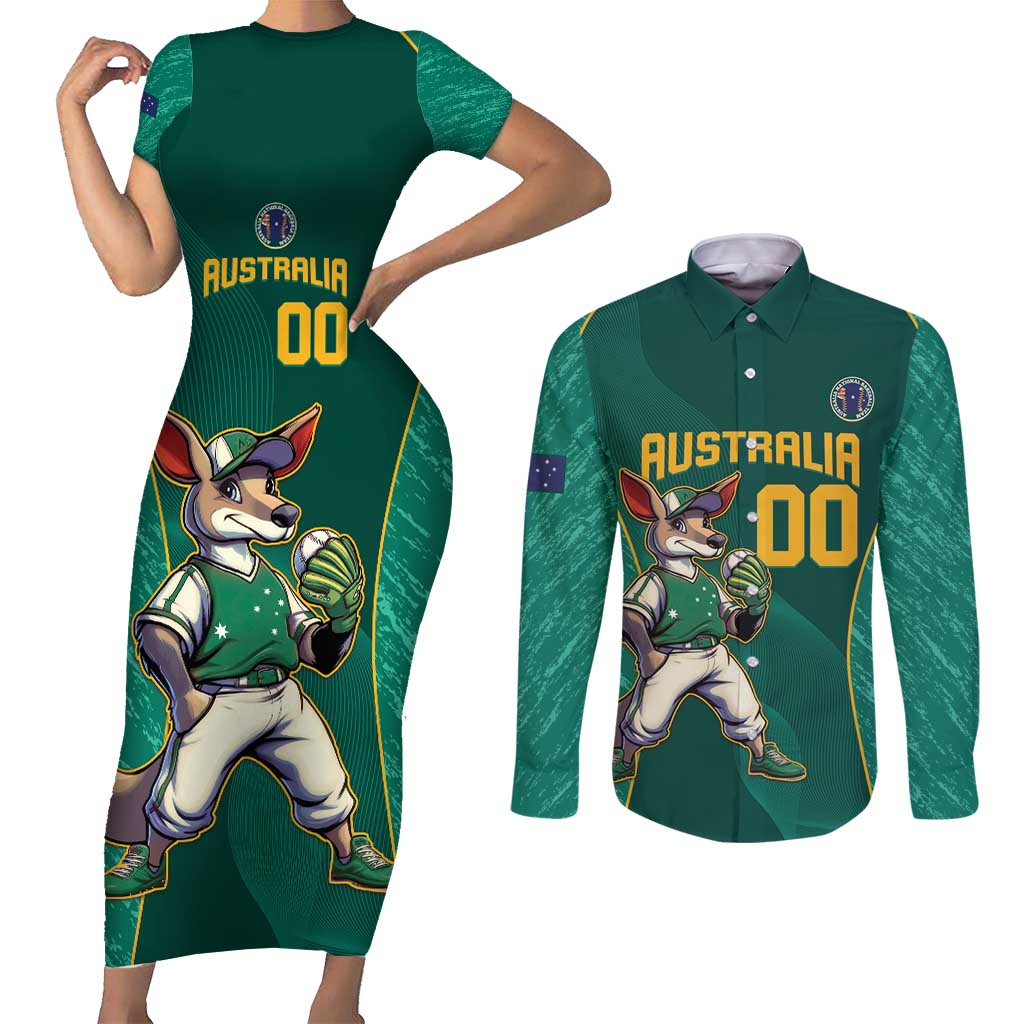 Custom Baseball Australia Couples Matching Short Sleeve Bodycon Dress and Long Sleeve Button Shirt Go Champions - Aussie Kangaroo Mascot