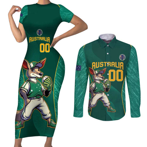 Custom Baseball Australia Couples Matching Short Sleeve Bodycon Dress and Long Sleeve Button Shirt Go Champions - Aussie Kangaroo Mascot