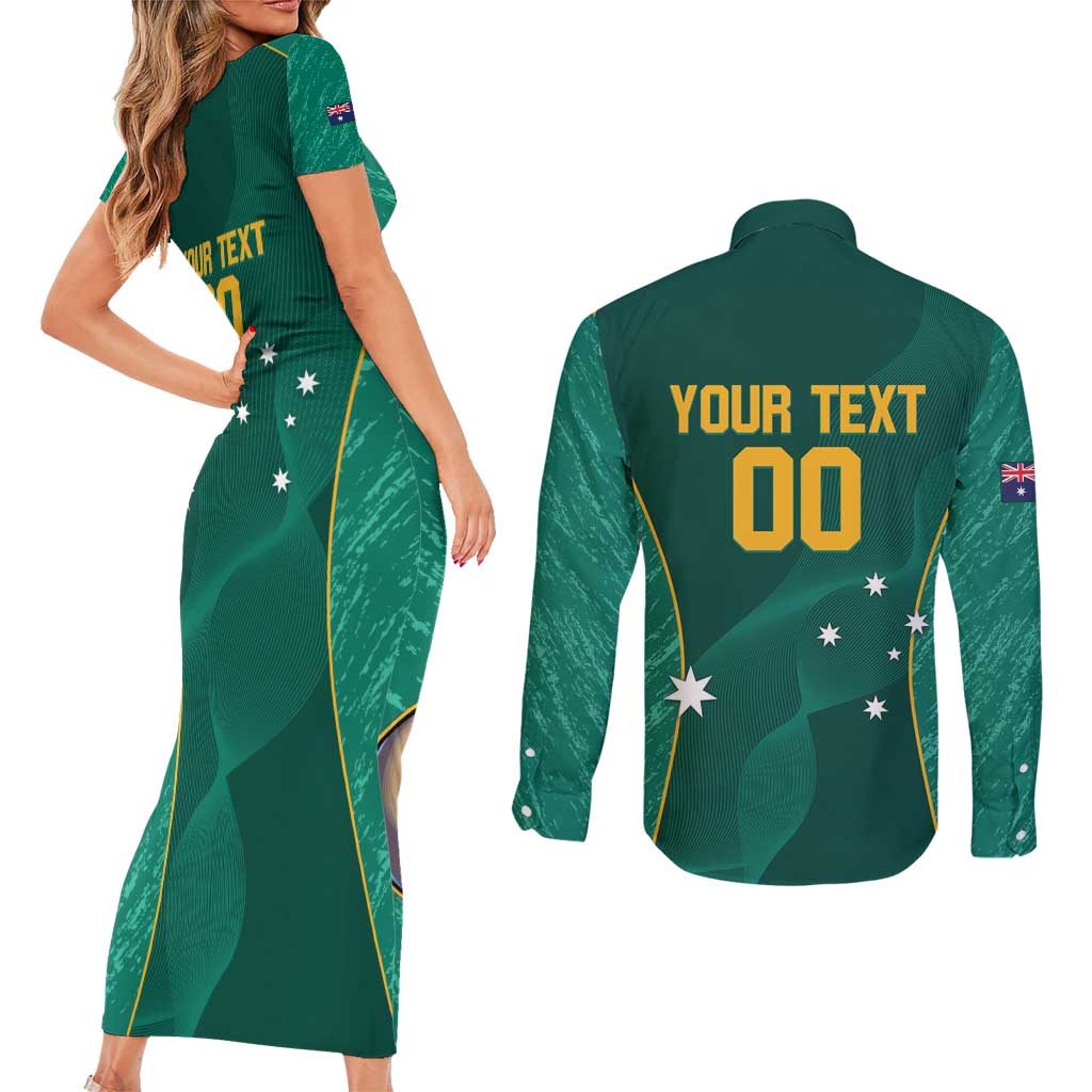 Custom Baseball Australia Couples Matching Short Sleeve Bodycon Dress and Long Sleeve Button Shirt Go Champions - Aussie Kangaroo Mascot