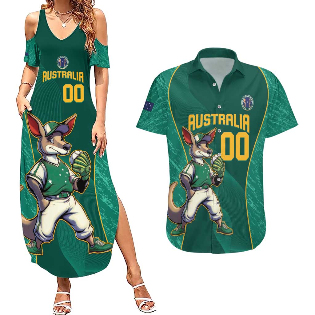 Custom Baseball Australia Couples Matching Summer Maxi Dress and Hawaiian Shirt Go Champions - Aussie Kangaroo Mascot