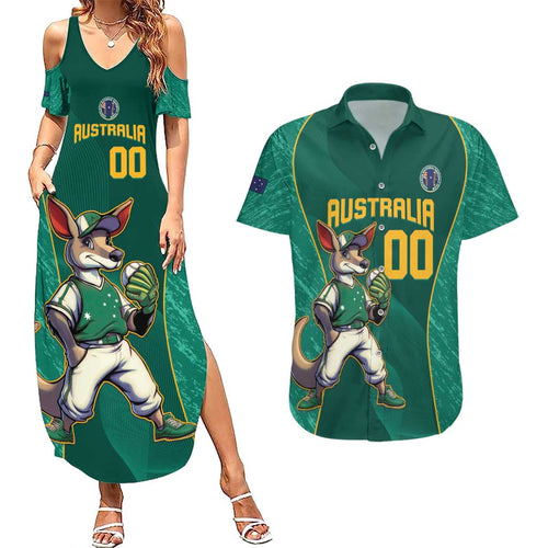 Custom Baseball Australia Couples Matching Summer Maxi Dress and Hawaiian Shirt Go Champions - Aussie Kangaroo Mascot