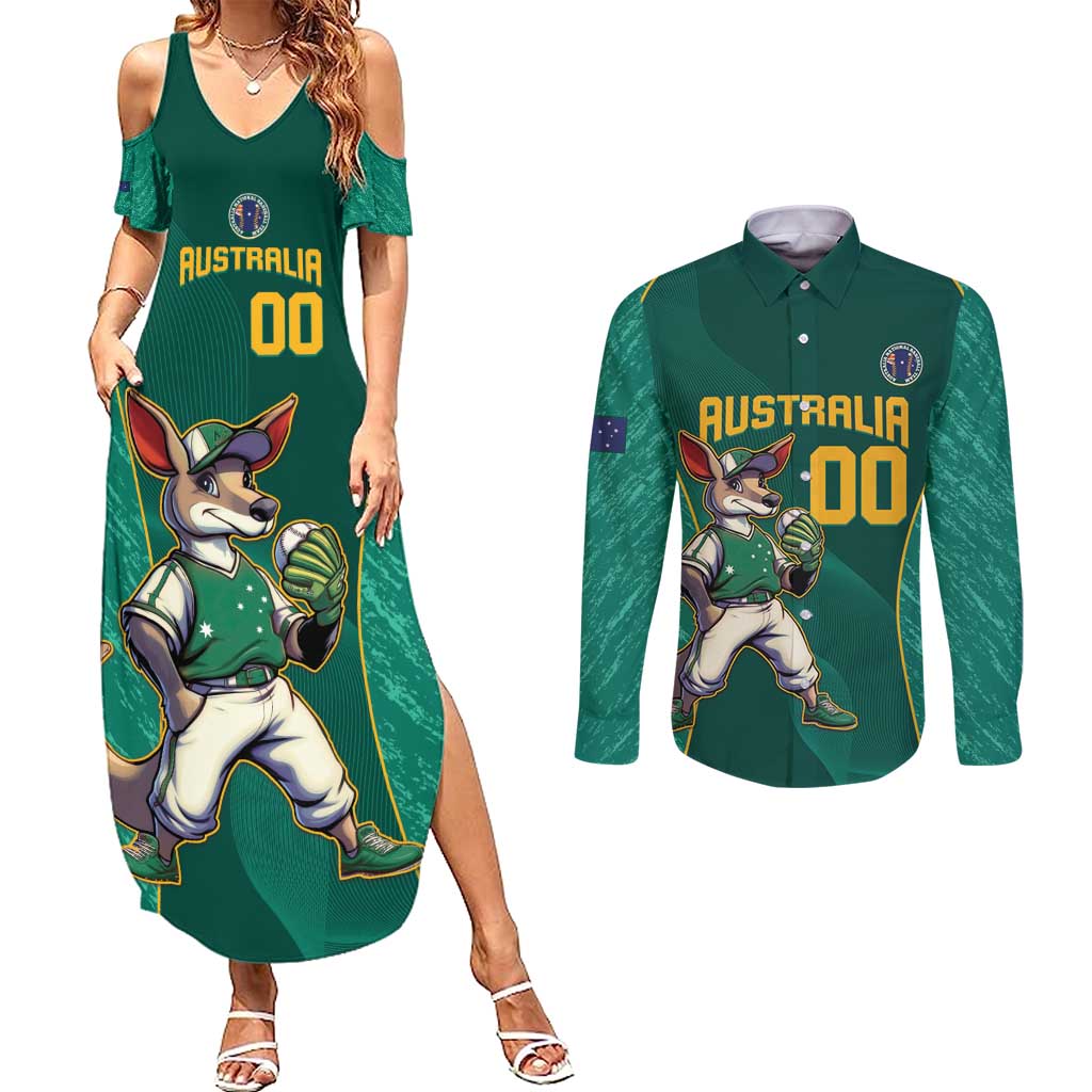 Custom Baseball Australia Couples Matching Summer Maxi Dress and Long Sleeve Button Shirt Go Champions - Aussie Kangaroo Mascot