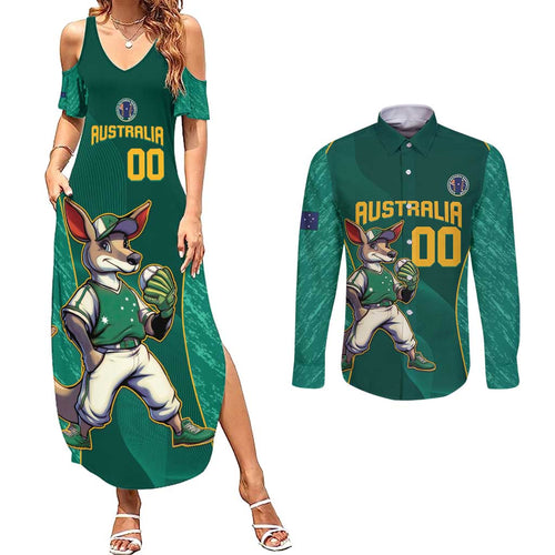 Custom Baseball Australia Couples Matching Summer Maxi Dress and Long Sleeve Button Shirt Go Champions - Aussie Kangaroo Mascot