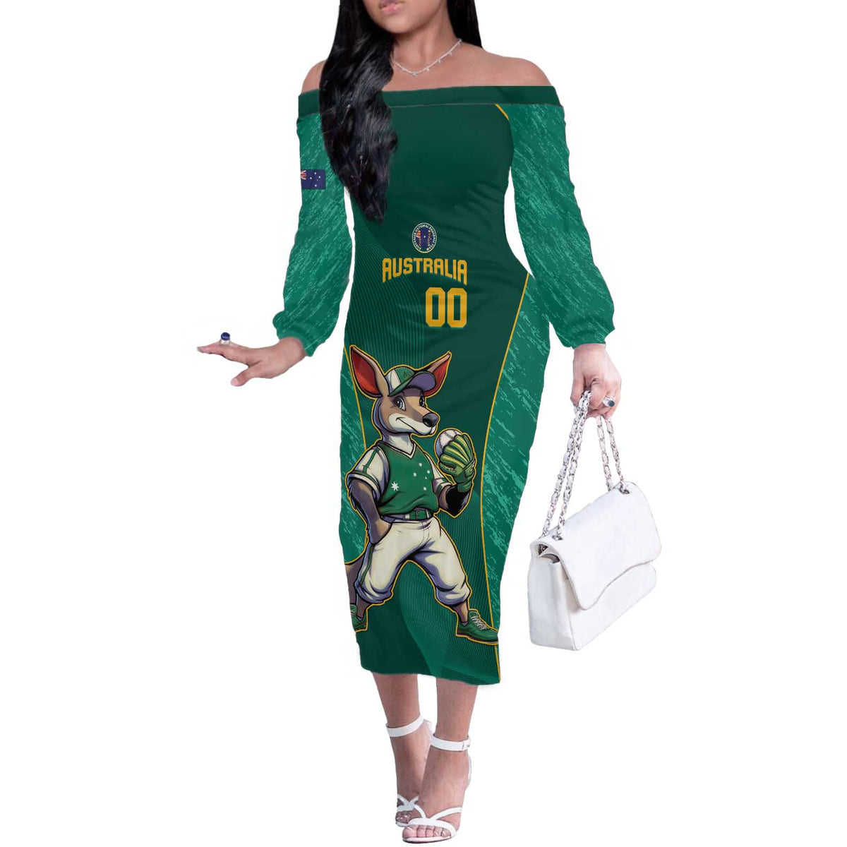 Custom Baseball Australia Off The Shoulder Long Sleeve Dress Go Champions - Aussie Kangaroo Mascot