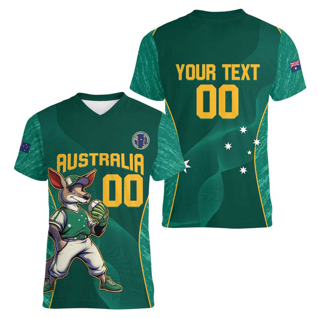 Custom Baseball Australia Women V-Neck T-Shirt Go Champions - Aussie Kangaroo Mascot