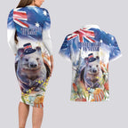 Wombat Australia Day Couples Matching Long Sleeve Bodycon Dress and Hawaiian Shirt Happy 26 January - Banksia Watercolor