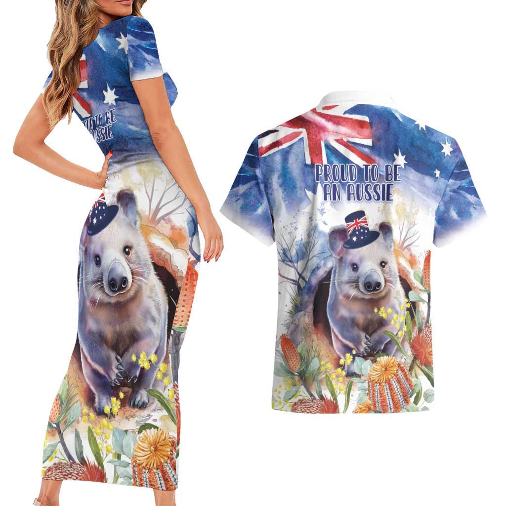 Wombat Australia Day Couples Matching Short Sleeve Bodycon Dress and Hawaiian Shirt Happy 26 January - Banksia Watercolor