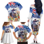 Wombat Australia Day Family Matching Off The Shoulder Long Sleeve Dress and Hawaiian Shirt Happy 26 January - Banksia Watercolor