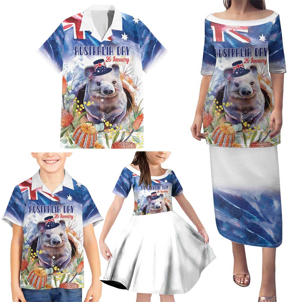 Wombat Australia Day Family Matching Puletasi and Hawaiian Shirt Happy 26 January - Banksia Watercolor