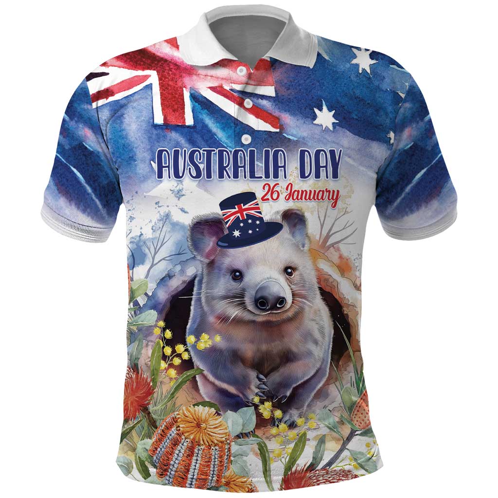 Wombat Australia Day Polo Shirt Happy 26 January - Banksia Watercolor