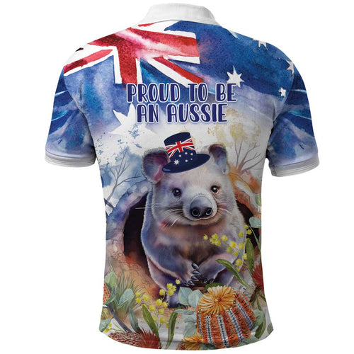 Wombat Australia Day Polo Shirt Happy 26 January - Banksia Watercolor