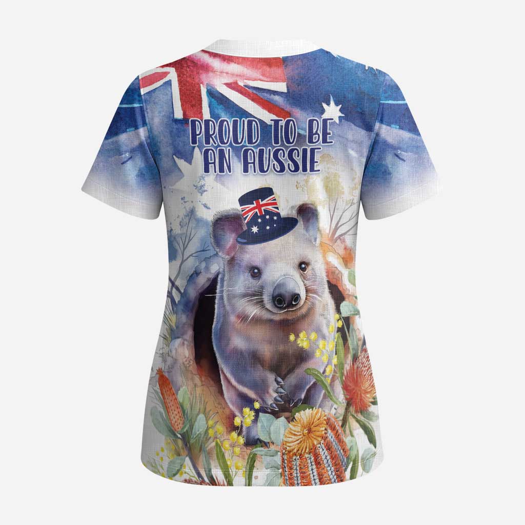 Wombat Australia Day Scrub Top Happy 26 January - Banksia Watercolor - Aussie Hoodie