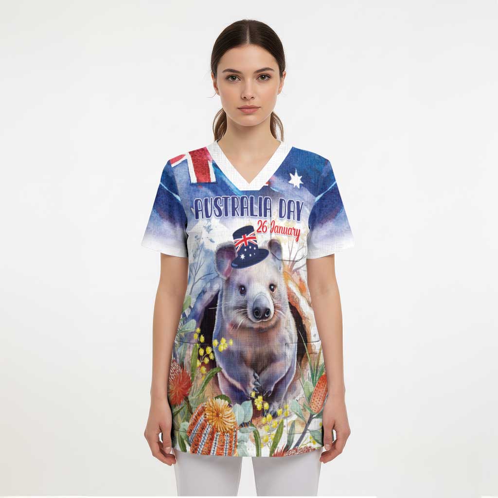 Wombat Australia Day Scrub Top Happy 26 January - Banksia Watercolor - Aussie Hoodie