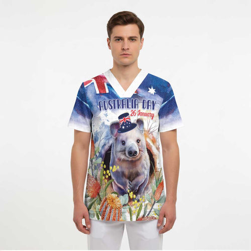 Wombat Australia Day Scrub Top Happy 26 January - Banksia Watercolor - Aussie Hoodie