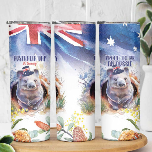 Wombat Australia Day Skinny Tumbler Happy 26 January - Banksia Watercolor