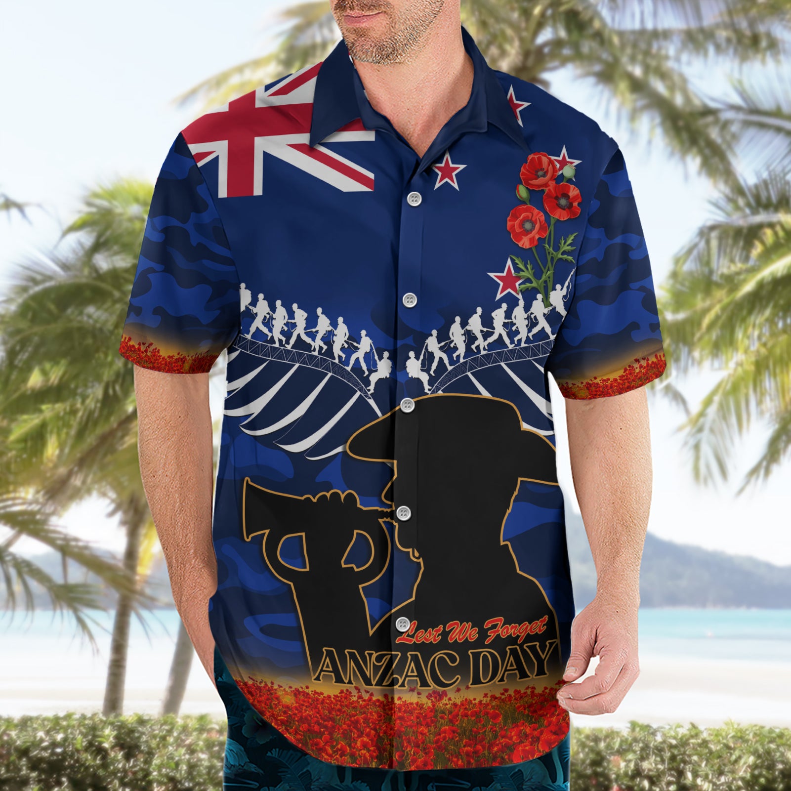 New Zealand ANZAC Day Hawaiian Shirt 25 April Last Post Camouflage With Poppies