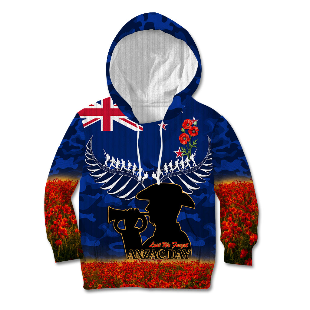 New Zealand ANZAC Day Kid Hoodie 25 April Last Post Camouflage With Poppies