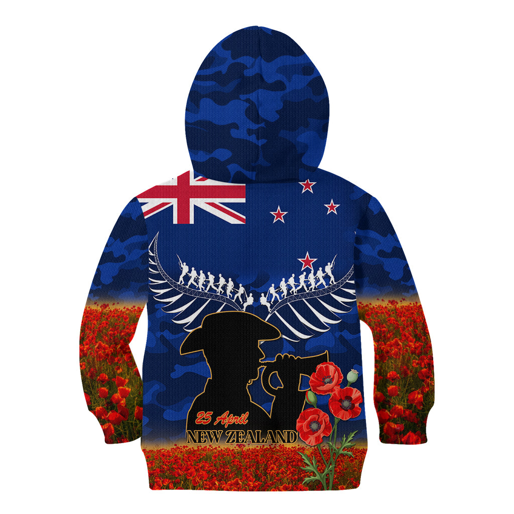 New Zealand ANZAC Day Kid Hoodie 25 April Last Post Camouflage With Poppies