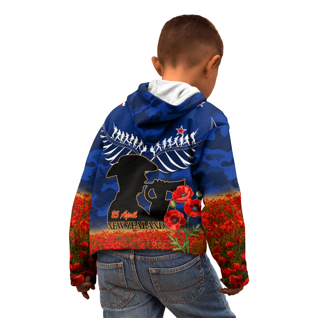 New Zealand ANZAC Day Kid Hoodie 25 April Last Post Camouflage With Poppies