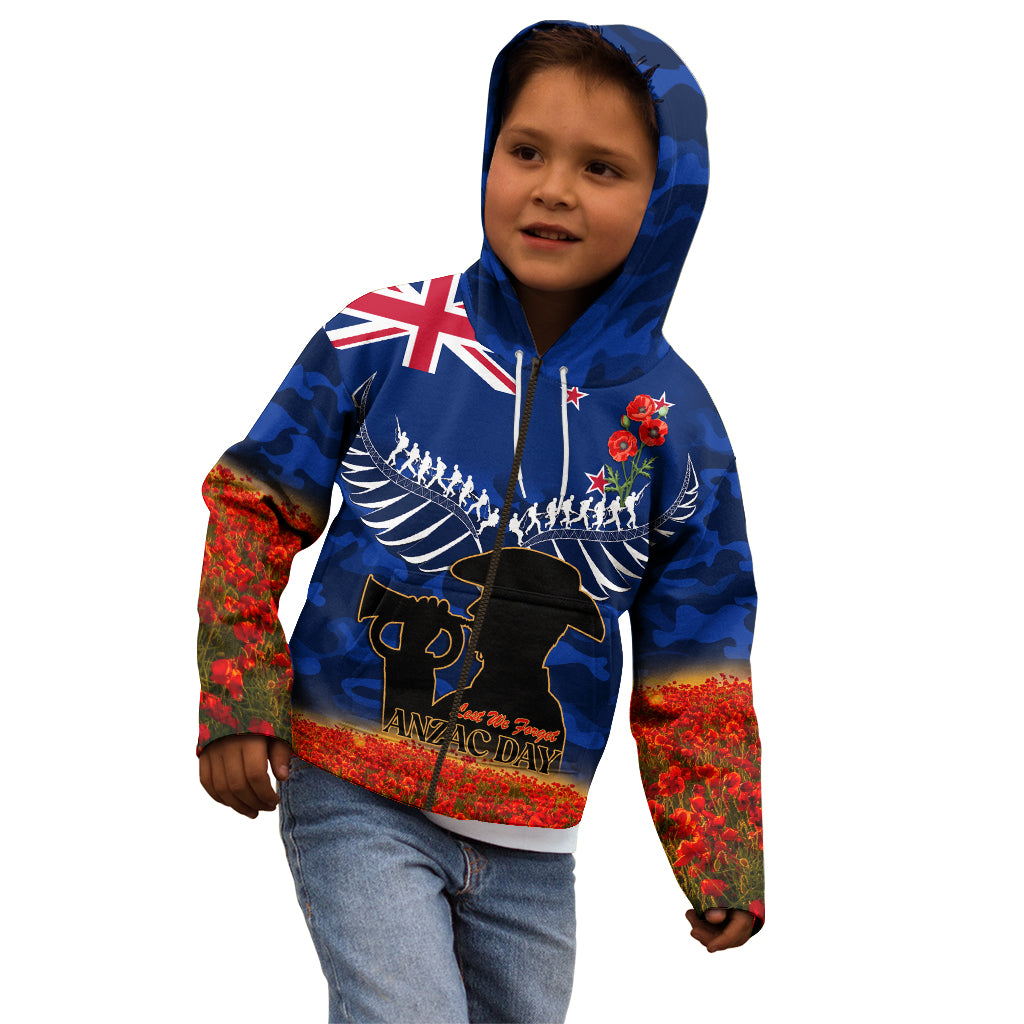 New Zealand ANZAC Day Kid Hoodie 25 April Last Post Camouflage With Poppies