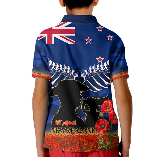 New Zealand ANZAC Day Kid Polo Shirt 25 April Last Post Camouflage With Poppies