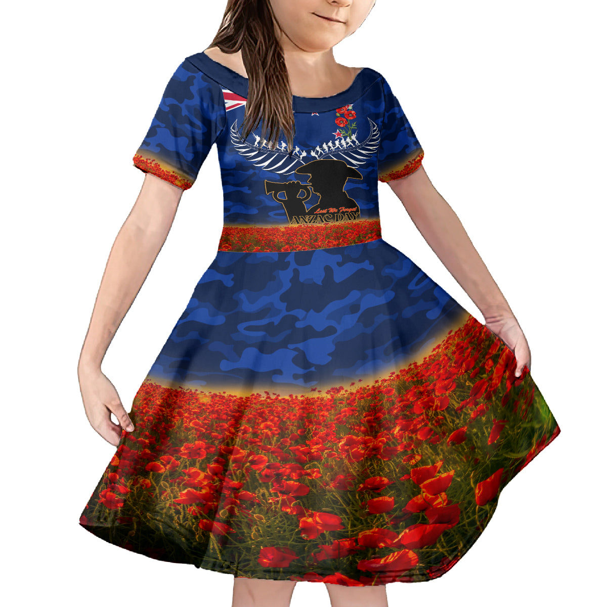 New Zealand ANZAC Day Kid Short Sleeve Dress 25 April Last Post Camouflage With Poppies
