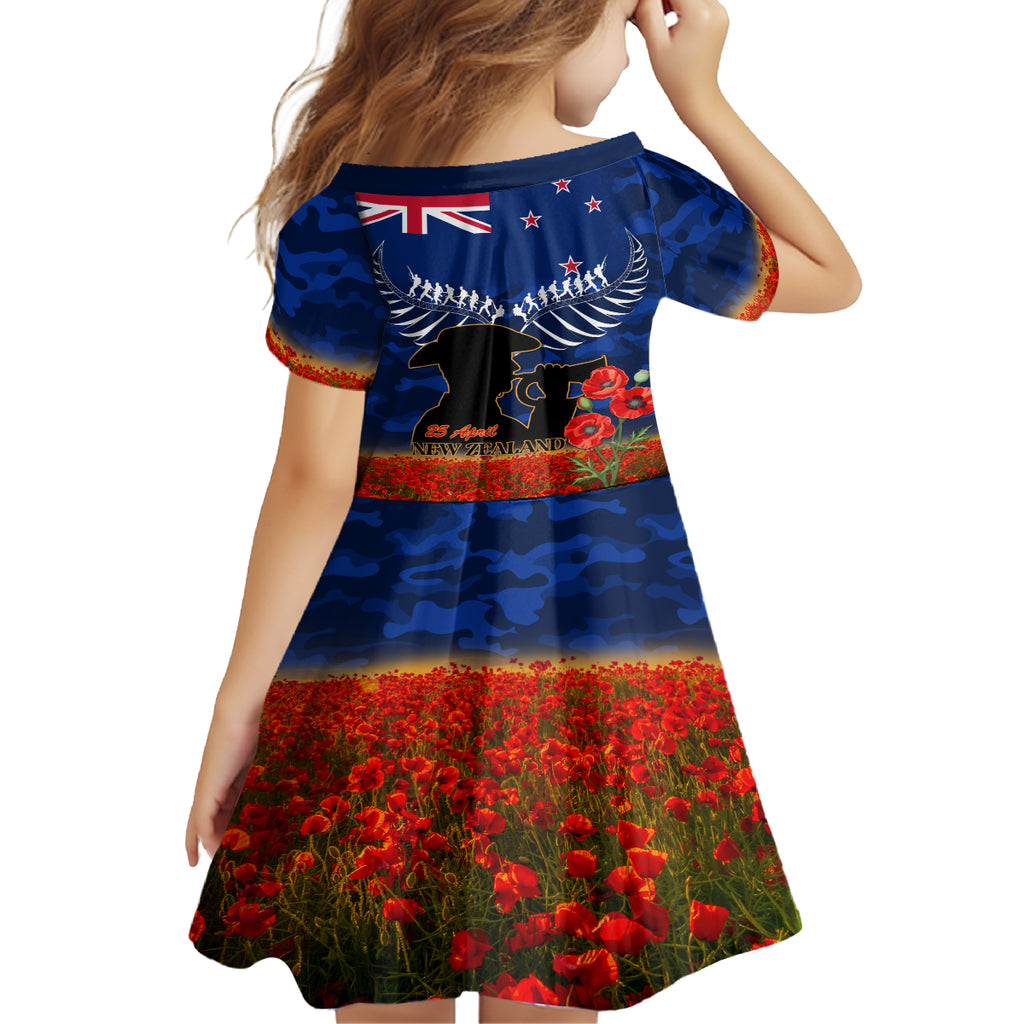 New Zealand ANZAC Day Kid Short Sleeve Dress 25 April Last Post Camouflage With Poppies