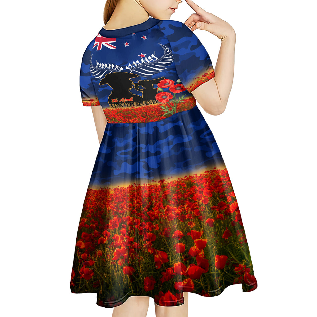 New Zealand ANZAC Day Kid Short Sleeve Dress 25 April Last Post Camouflage With Poppies