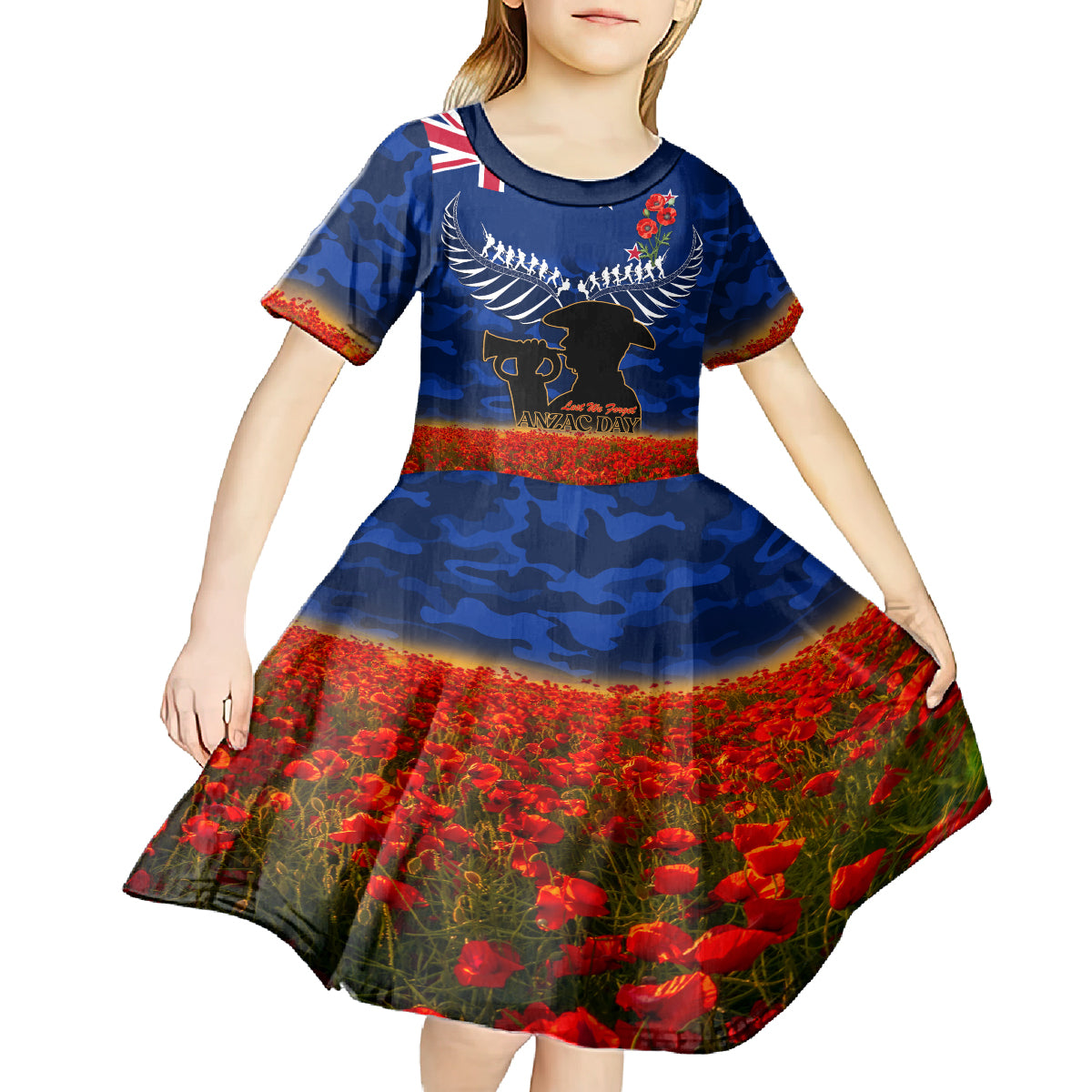 New Zealand ANZAC Day Kid Short Sleeve Dress 25 April Last Post Camouflage With Poppies