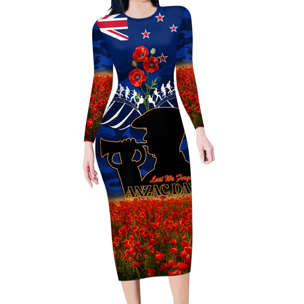 New Zealand ANZAC Day Long Sleeve Bodycon Dress 25 April Last Post Camouflage With Poppies