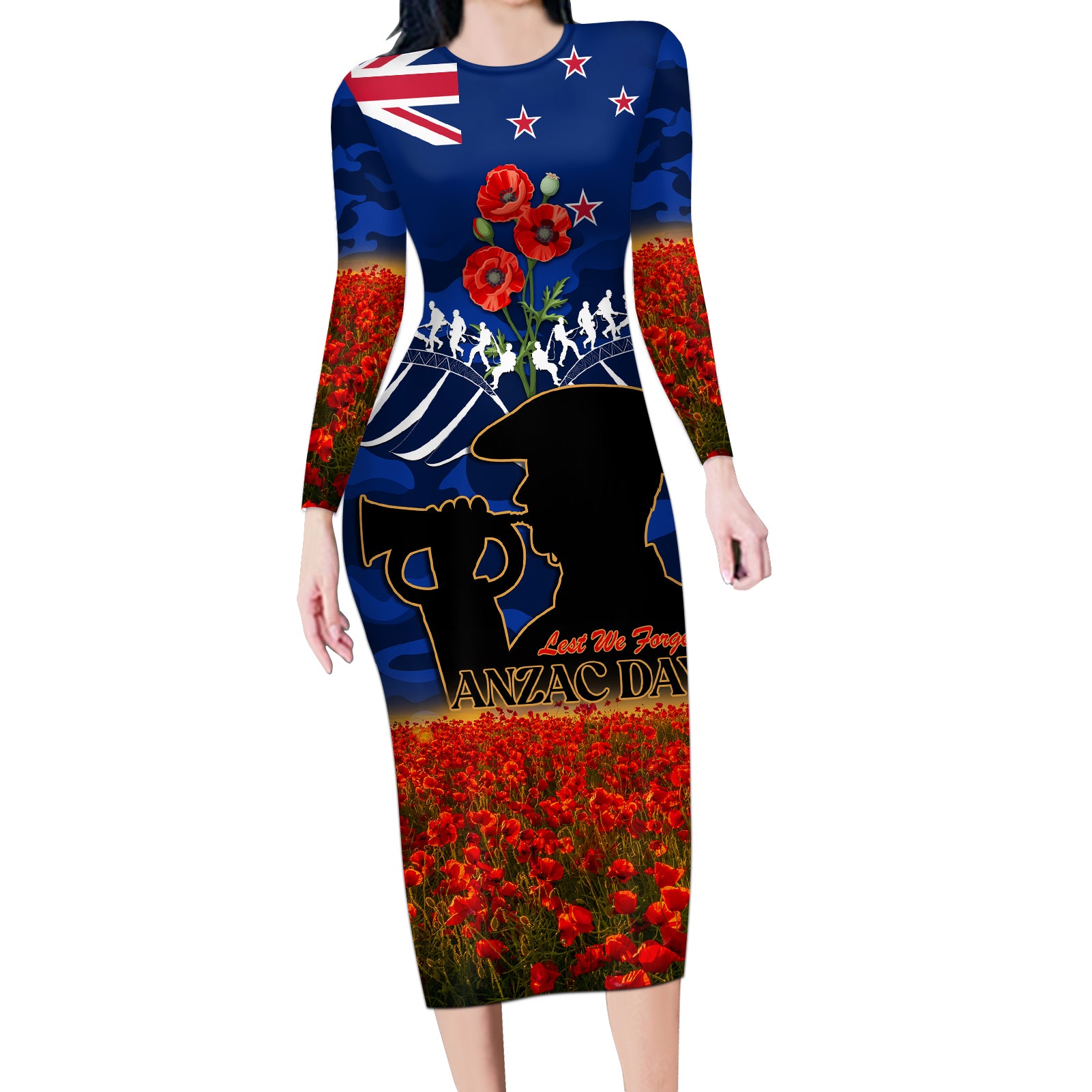 New Zealand ANZAC Day Long Sleeve Bodycon Dress 25 April Last Post Camouflage With Poppies