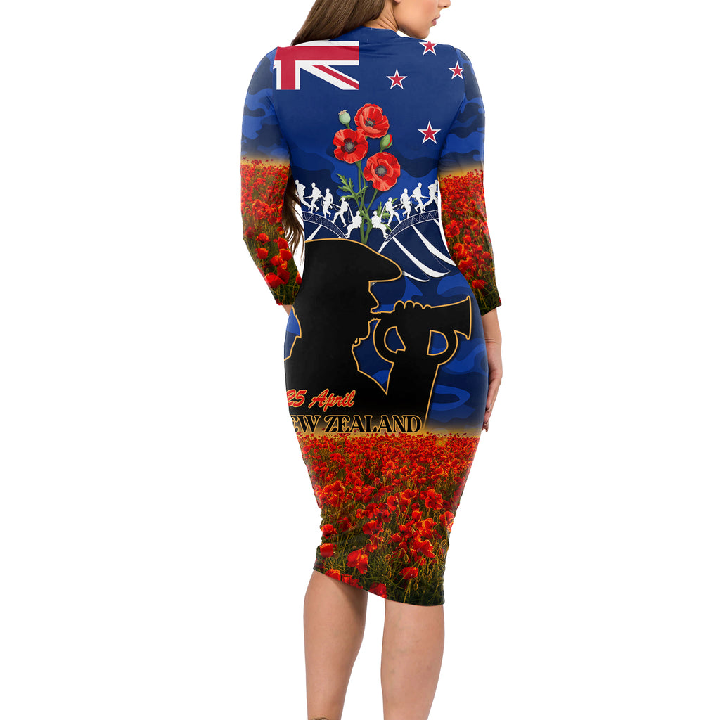 New Zealand ANZAC Day Long Sleeve Bodycon Dress 25 April Last Post Camouflage With Poppies