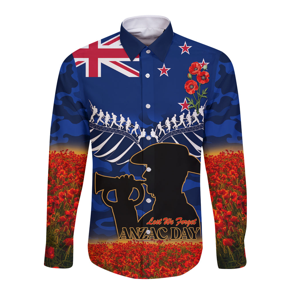 New Zealand ANZAC Day Long Sleeve Button Shirt 25 April Last Post Camouflage With Poppies