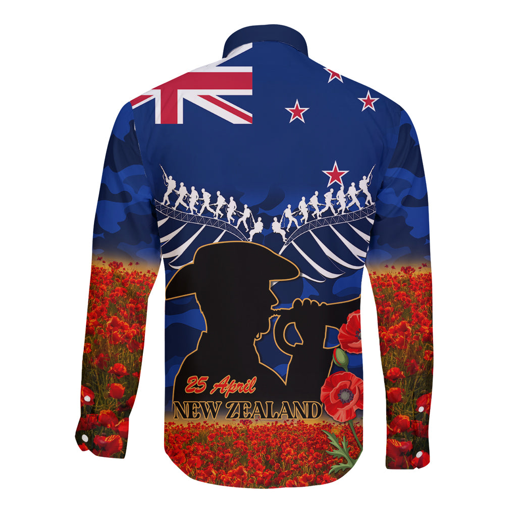 New Zealand ANZAC Day Long Sleeve Button Shirt 25 April Last Post Camouflage With Poppies