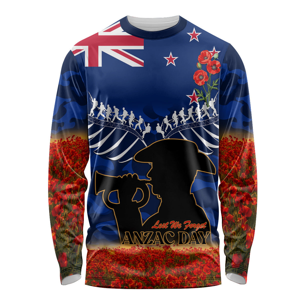 New Zealand ANZAC Day Long Sleeve Shirt 25 April Last Post Camouflage With Poppies