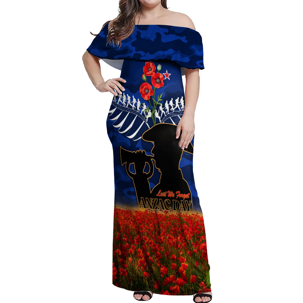 New Zealand ANZAC Day Off Shoulder Maxi Dress 25 April Last Post Camouflage With Poppies