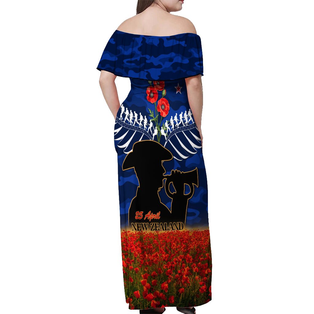 New Zealand ANZAC Day Off Shoulder Maxi Dress 25 April Last Post Camouflage With Poppies