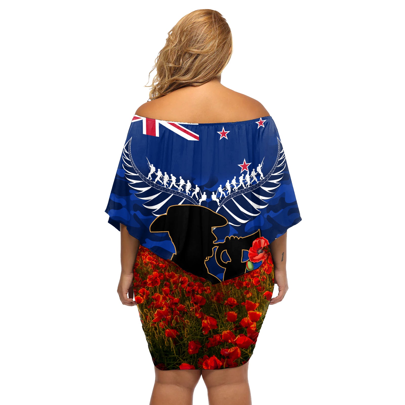 New Zealand ANZAC Day Off Shoulder Short Dress 25 April Last Post Camouflage With Poppies