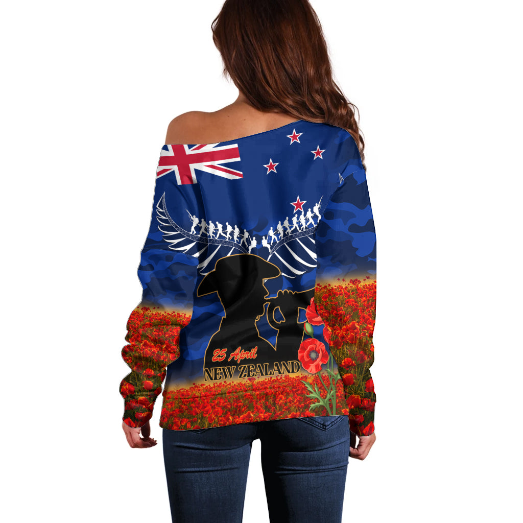 New Zealand ANZAC Day Off Shoulder Sweater 25 April Last Post Camouflage With Poppies