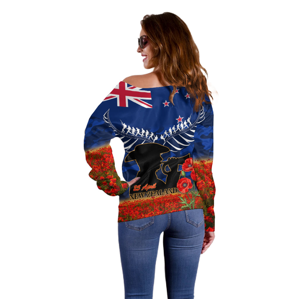 New Zealand ANZAC Day Off Shoulder Sweater 25 April Last Post Camouflage With Poppies