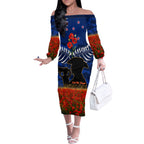 New Zealand ANZAC Day Off The Shoulder Long Sleeve Dress 25 April Last Post Camouflage With Poppies