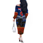 New Zealand ANZAC Day Off The Shoulder Long Sleeve Dress 25 April Last Post Camouflage With Poppies
