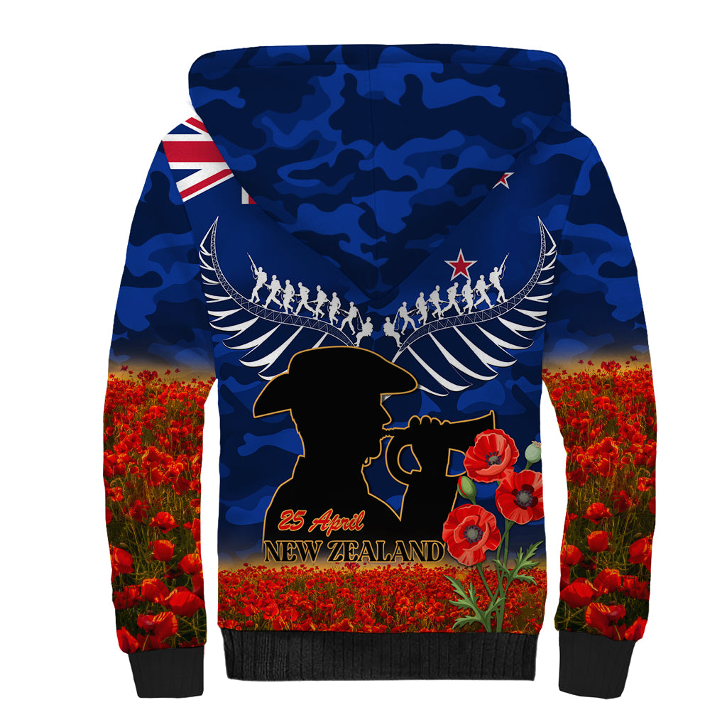 New Zealand ANZAC Day Sherpa Hoodie 25 April Last Post Camouflage With Poppies