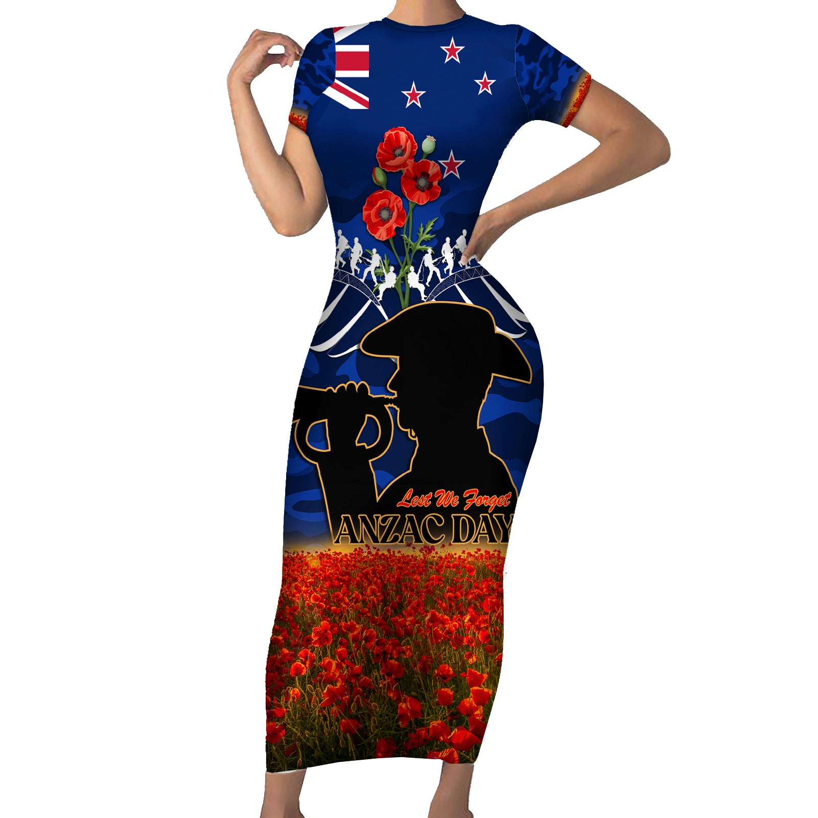 New Zealand ANZAC Day Short Sleeve Bodycon Dress 25 April Last Post Camouflage With Poppies