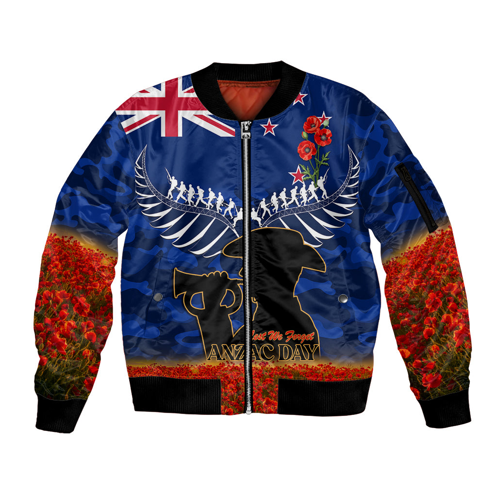 New Zealand ANZAC Day Sleeve Zip Bomber Jacket 25 April Last Post Camouflage With Poppies