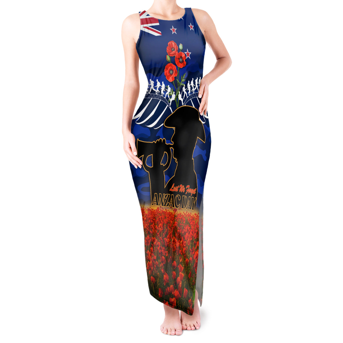 New Zealand ANZAC Day Tank Maxi Dress 25 April Last Post Camouflage With Poppies