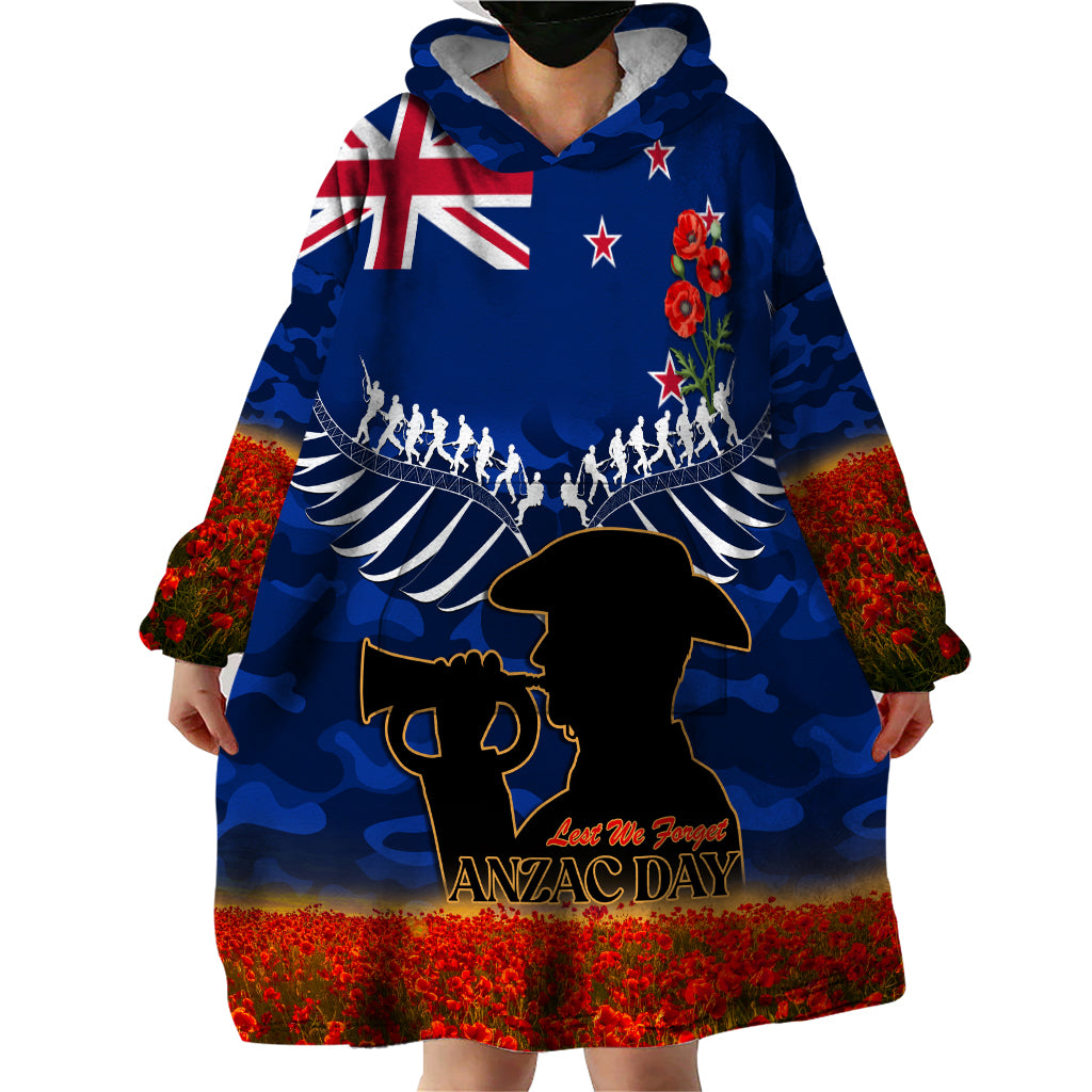 New Zealand ANZAC Day Wearable Blanket Hoodie 25 April Last Post Camouflage With Poppies