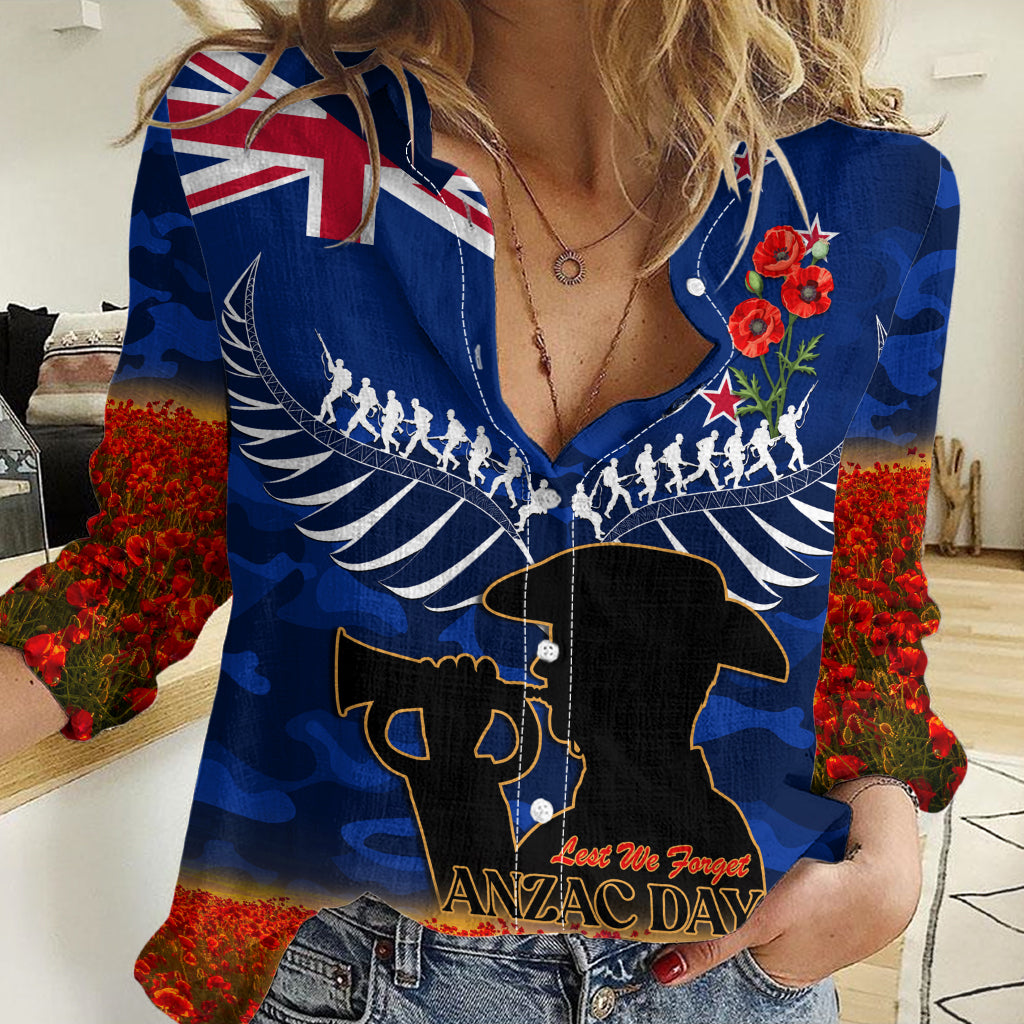 New Zealand ANZAC Day Women Casual Shirt 25 April Last Post Camouflage With Poppies