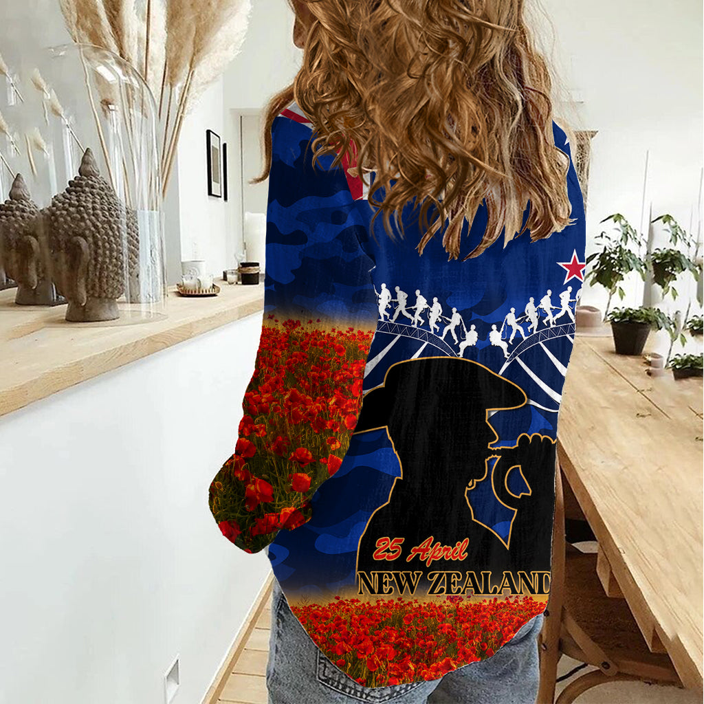 New Zealand ANZAC Day Women Casual Shirt 25 April Last Post Camouflage With Poppies